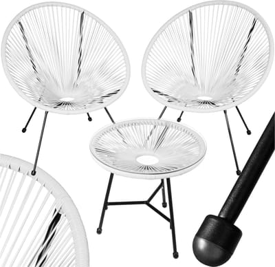 tectake® Tuinmeubel bistroset - 2 stoelen en 1 tafel met glazen blad - Retro Egg Chairs in Acapulco-stijl - Weerbestendig - Binnen- en buitengebruik - Zithoogte 30 - 38 cm - Belastbaarheid 120 kg - Wit