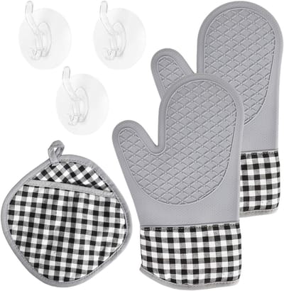 Hittebestendige ovenhandschoenen en pannenlappen, antislip, tot 260°C, ideaal voor koken, bakken en grillen, set van 2