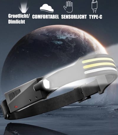 LED Hoofdlamp - 8 lichtmodi - 3 lichtstrips + 1 zijlicht - Breedstraler 230° - BewegingsSensor - Zwart