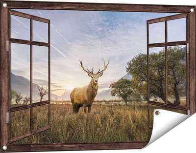Gards Tuinposter Doorkijk Hert in het Landschap - 90x60 cm - Tuindoek - Tuindecoratie - Wanddecoratie buiten - Tuinschilderij