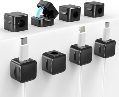 Famanu – Magnetische kabelclips - 8 stuks kabelsnoerorganizer met sterke lijm onder bureaukabelbeheer - kleine mini-draadhouder Keeper Organizer voor thuiskantoor - bureau - keuken - auto - nachtkastje - zwart