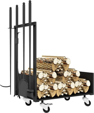 Brandhouthouder Wagen - Haardhout Opslag - Binnen Gebruik - Inclusief Gereedschap - 48x30x76 cm - Zwart
