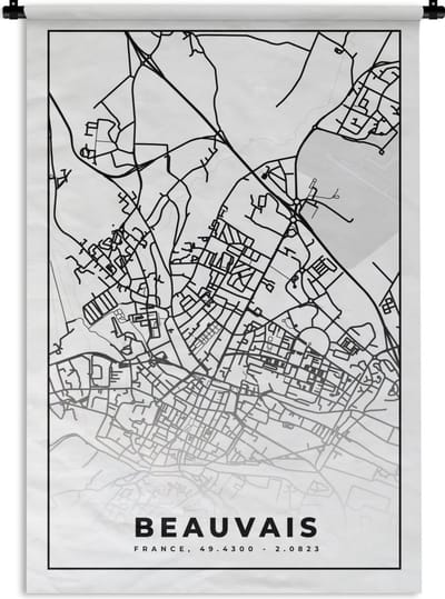 Wandkleed - Wanddoek - Kaart - Plattegrond - Beauvais - Frankrijk - Stadskaart - Zwart wit - 120x180 cm - Wandtapijt
