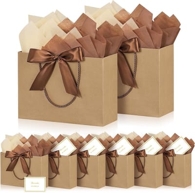 Cadeautasjes voor Geschenken - 8-pack middelgrote cadeautasjes met striklint, feestzakjes met handvatten 10 tissuepapieren en 8 kaarten voor bruiloften, verjaardag, feest, viering, kerst