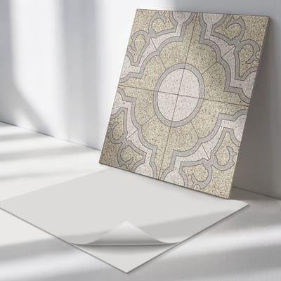 Wallfluent Vinyl Tegels - Mozaïekpatroon met Ornamenten Wand PVC Tegels - 30 cm x 30 cm - Grijs Vinyl Tegels - Set van 9 - Vierkant PVC Tegels - Texturen Plaktegels - Vinyl Tegels Zelfklevend - Plaktegels Keuken en Badkamer
