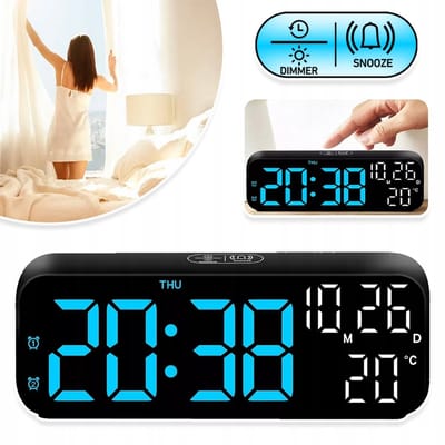 Digitale Klok Met Groot LED-Display - Kalender Temperatuur Stembediening Snooze - Dubbel Alarm Automatische/Handmatige Dimmer 7 Inch USB-Voeding - Zwart