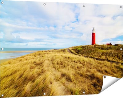 Gards Tuinposter Vuurtoren met Duinen in Texel - 120x80 cm - Tuindoek - Tuindecoratie - Wanddecoratie buiten - Tuinschilderij