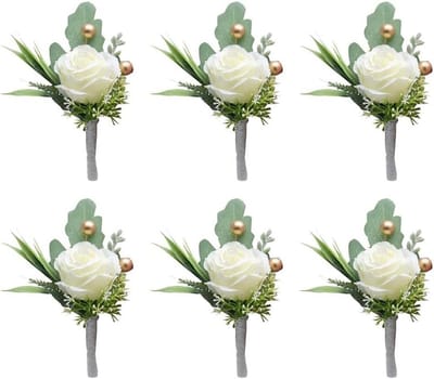 Bruiloft Boutonniere Set - Corsage Mannen - Feestelijke Accessoires - Zijden Witte Roos - 6 stuks - Wit