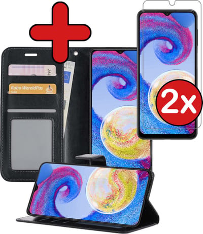 Hoesje - Met 2x Screenprotector - Geschikt voor Samsung Galaxy A04s - Luxe Pasjeshouder - Flip Case - Bookcase Portemonee - Kunstleer Book Case - Flipcase Hoes - Book Cover - Walletcase - Portemonneehoes - Telefoonhoes - Zwart