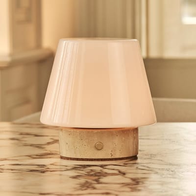 Tavellio Hooch Small Draadloze Tafellamp – H15 – Travertino Classico en Glas – Tot 100 uur – Beige