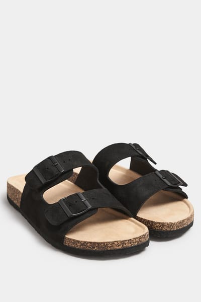 Yours Sandalen Met Dubbele Bandjes En Voetbed In Een Extra Brede Pasvorm In Zwart Imitatiesuède Size 38EEE