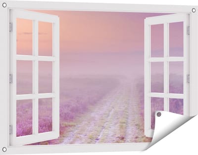 Gards Tuinposter Doorkijk Pad in de Weide tijdens de Mist - 90x60 cm - Tuindoek - Tuindecoratie - Wanddecoratie buiten - Tuinschilderij