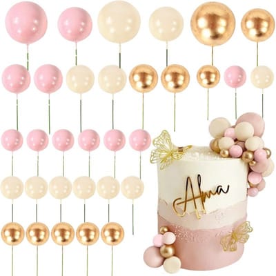 32 stuks/set Bal Taarttoppers Roze Goud Parelballen Cupcake Topper Vlaggen voor Kinderen Verjaardagsfeest Bruiloftsdecoraties Babyshower