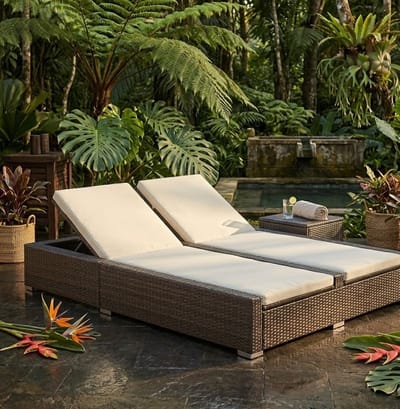 Luxora Duo Rattan Sun Island Dubbele Ligbed - Polyrotan Bruin Luxe Tweepersoons Tuinligstoel met Verstelbare Rugleuningen, Waterafstotende Kussens en Stalen Weerbestendig Frame voor Buiten & Binnen...