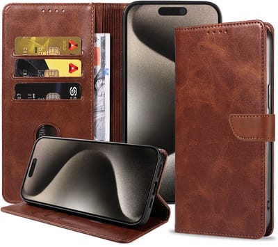Geschikt voor iPhone 15 Pro Telefoonhoesje Kunstleer met Magnetisch lipje en Pasjeshouder Book Case met Klepje - Donkerbuin - Smartphonica geschikt voor iPhone 15 Pro