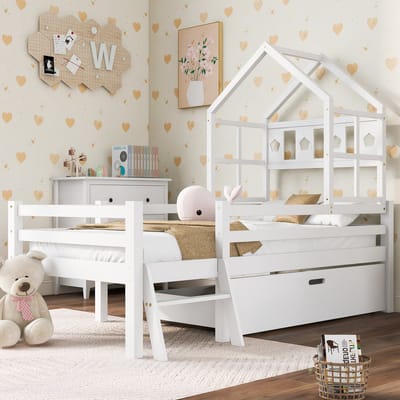 MODFU Ledikant 90x200 cm – Wit Huisbed met Ladder & Opberglade – Uitvalbeveiliging 28 cm – Massief Grenenhout – Veilig Peuterbed voor Kinderslaapkamer – Overgangsbed van Ledikant naar Groot Bed