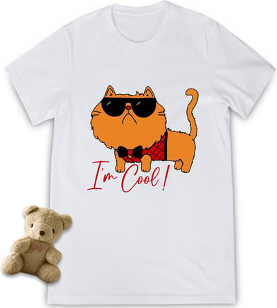 Meisjes t shirt - grappige I'm Cool Cat print  - Maten 92 t/m 164 - Shirt kleuren wit en zwart.