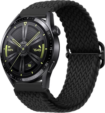 Stravo Nylon Stretch bandje 20mm - Zwart Horlogebandje geschikt voor Samsung Galaxy Watch 7 / 6 / 5 / Pro / 4 / 3 / Active 2 - Garmin Approach / Forerunner / Venu 2 Plus / SQ / Vivomove - Polar Ignite / Unite
