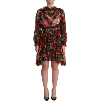 Dolce & Gabbana Dames Multikleur Rode Bloemen Zijden Lange Maxi Jurk