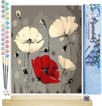 Figured'Art Schilderen op Nummer Volwassenen canvas Rode en witte bloemen - Handwerk acrylverf Kit DIY Compleet - 40x50cm met DIY houten lijst