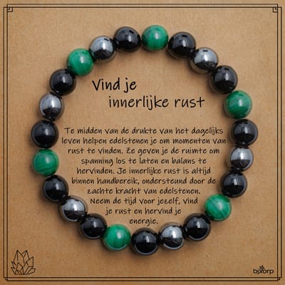 Bixorp Malachiet + Onyx + Hematiet Armband op Cadeau Kaartje - Innerlijke Rust - 8mm / 18cm Edelsteen Kralenarmband - Inclusief Cadeau Envelop