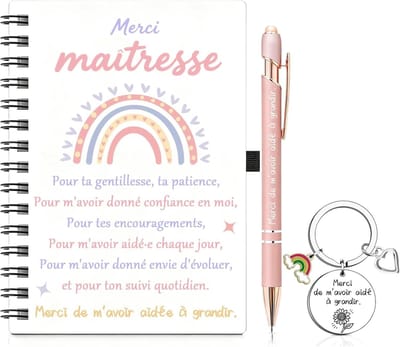 Cadeauset voor Atsem en Meesteres met sleutelring, spiraalvormig notitieboek en pen, origineel afscheidscadeau voor de kinderopvang en basisschool