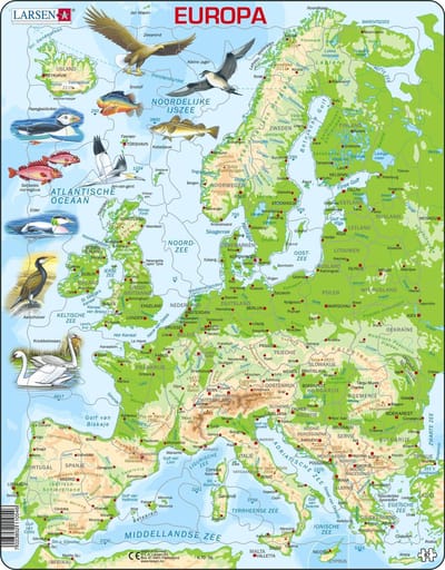 Larsen Europa geografisch met dieren – Puzzel – Kaarten & Geografie – Europa – Educatieve legpuzzel voor kinderen – 87 stukjes – Gemaakt in Noorwegen – Extra dikke 2,5 mm stukjes – Tray met vaste rand