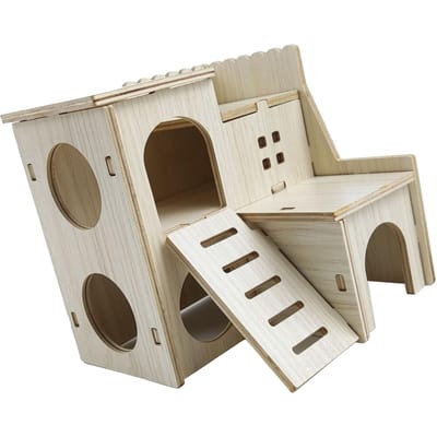 Houten Hamsterhuis Speelgoed Bijtbestendig Hamster Schuilplaats Huis voor Hamster Accessoires Spring Villa, 16x16x5cm beige