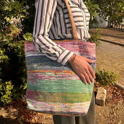 Gerecyclede Grote Tapijt Tas - Gestreept - Groen & Pastel Tinten - Grote Schoudertas - 40x40x20cm