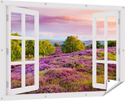 Gards Tuinposter Doorkijk Paarse Weide - 150x100 cm - Tuindoek - Tuindecoratie - Wanddecoratie buiten - Tuinschilderij