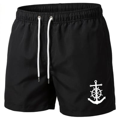 Zwarte zwembroek heren met anker print – heren zwem short met elastische tailleband en wit trekkoord – korte strand zwembroek met mesh voering en zijzakken – effen zwarte zwem short voor strand, zwemmen en vakantie – maat S