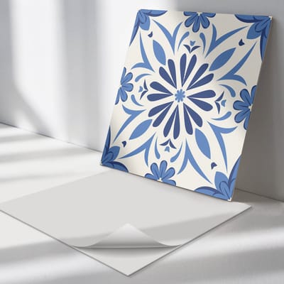 Wallfluent Vinyl Tegels - Achtergrond met Bloemenpatroon Wand PVC Tegels - 30 cm x 30 cm - Blauw Vinyl Tegels - Set van 9 - Vierkant PVC Tegels - Patroon Plaktegels - Vinyl Tegels Zelfklevend - Plaktegels Keuken en Badkamer