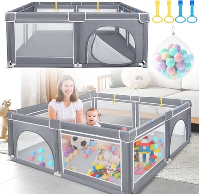 Opvouwbare Babybox 180x150 cm - Grote Speelbox met 50 Ballen, Basketbalring, Ademend Mesh en Opbergtas - Veilige Speelruimte - Donkergrijs