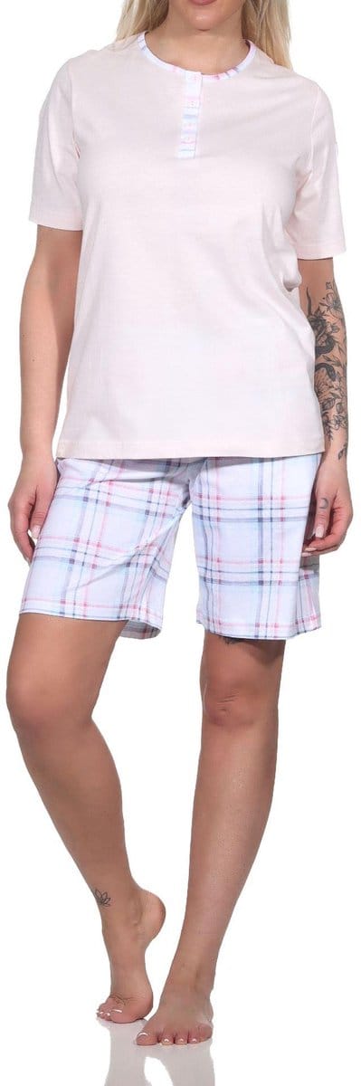 Edele damespyjama shorty met korte mouwen en geruite broek van jersey - ook in oversize