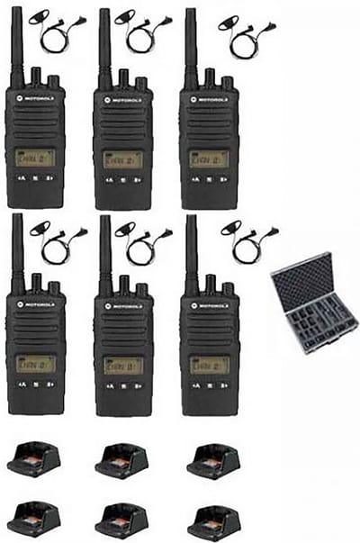 Set van 6 Motorola XT460 IP55 PMR446 met D-shape oortje tafellader koffer