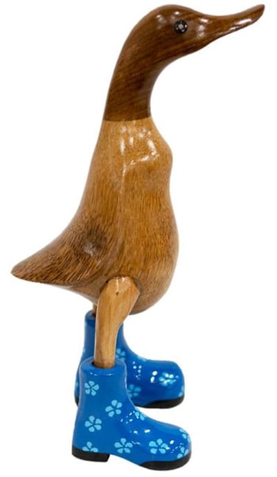 JoJo Living Woonaccessoires - Dieren - Houten eend met laarzen - S - Blauw - 26 cm - Handgemaakt