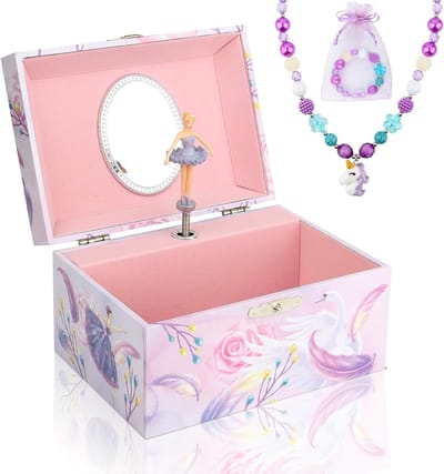 Sieradenbox voor meisjes met muziekdoos en eenhoorn sieradenset, inclusief draaiende ballerina en Swan Lake thema