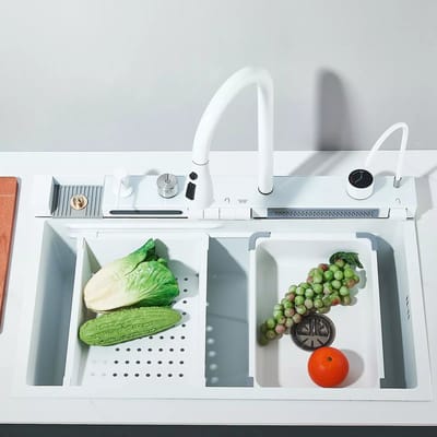 Keukengootsteen Multifunctionele gootsteen met hogedruk kraan Keukenkraan met uittrekbare uitloop en zuiver water Roestvrijstalen gootsteen 75x45x21 Keukengootsteen 1 bak met afdruiprek, wit