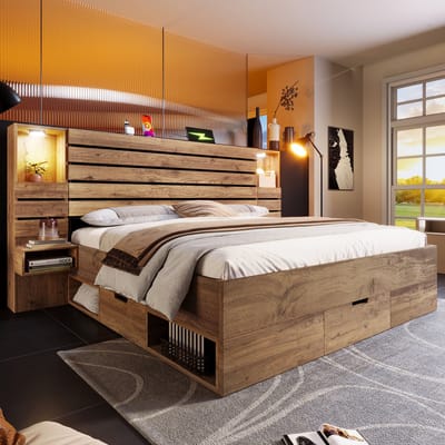 Houten Bed 180x200 - Bed Met Led Verlichting En Usb/Type-C - Zwevend Nachtkastje En Opberglades - Eiken Look - Metalen Frame