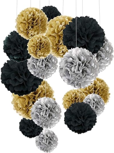 O-Kinee Feestdecoratie zwart goud, 24 stuks zijdepapier pompons, bloemenbal, decoratief papier voor verjaardag - ShopVlot