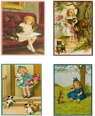 Nostalgische kaarten - 4 stuks - Franz_Josef - Klassieke Vintage afbeeldingen - nostalgische ansichtkaarten - prentbriefkaart - dieren - kinderen - Feestelijk - verjaardag -Oude Brocante briefkaarten