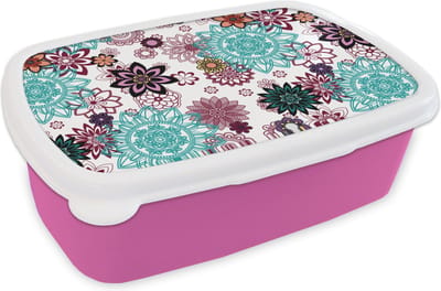 Broodtrommel Roze - Lunchbox - Brooddoos - Mandala - Bloemen - Patroon - 18x12x6 cm - Kinderen - Meisje