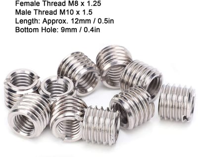 Dailygoods- Schroefdraadinzetstukken M8 x 1,25 binnendraad - M10 x 1,5 buitendraad - Roestvrij Staal 303 - Draadreparatie - Lengte 12 mm - Onderste Gat 9 mm - Inzetmoeren