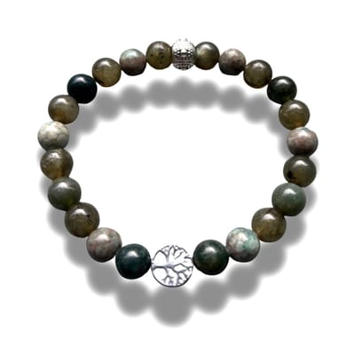 Armband - natuursteen - mosagaat - blauwe jade - labradoriet - levensboomteken - 8 mm 20 cm