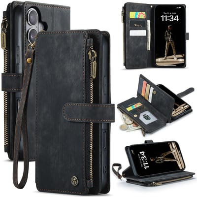 CaseMe – Telefoonhoesje geschikt voor Apple iPhone 16 Plus – Wallet Rits Book Case – Magnetische Sluiting & Portemonnee – PU Leer – Zwart