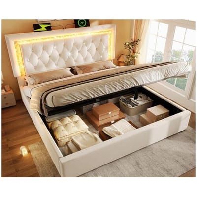ModernLuxe Gestoffeerd opbergbed 160x200cm van fluweel - met LED-verlichting - met USB- en Type-C-poorten - met lattenbodem - Beige (zonder matras)