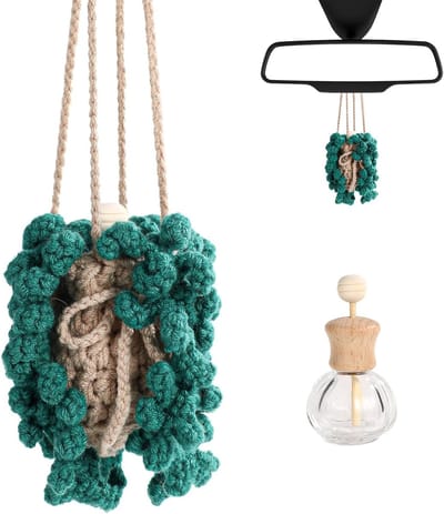 Schattige Gehaakte Fern Plant Auto Luchtverfrisser met 12ml Aromatherapie Flesje voor Auto Spiegels en Vrouwelijke Accessoires