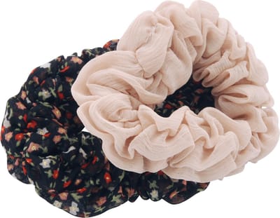 Haarelastiekjes scrunchie retro zwart en nude kleur met bloemetjes