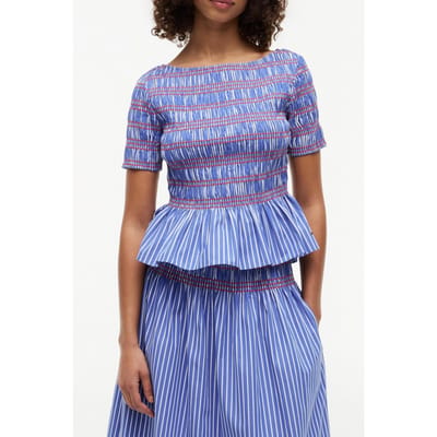 Tommy Hilfiger Smocking Stripe Boat Neck Top Stacking Stp/verona Blue Größe: L | Blusen Outlet | Damen | Blau