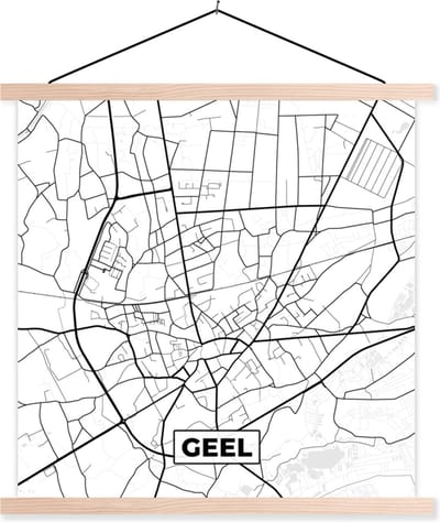 Posterhanger incl. Poster 40x40 cm - Schoolplaat - Plattegrond – Geel – Zwart Wit – Stadskaart - Kaart - België - Textielposter - Blanke latten - Stadskaart
